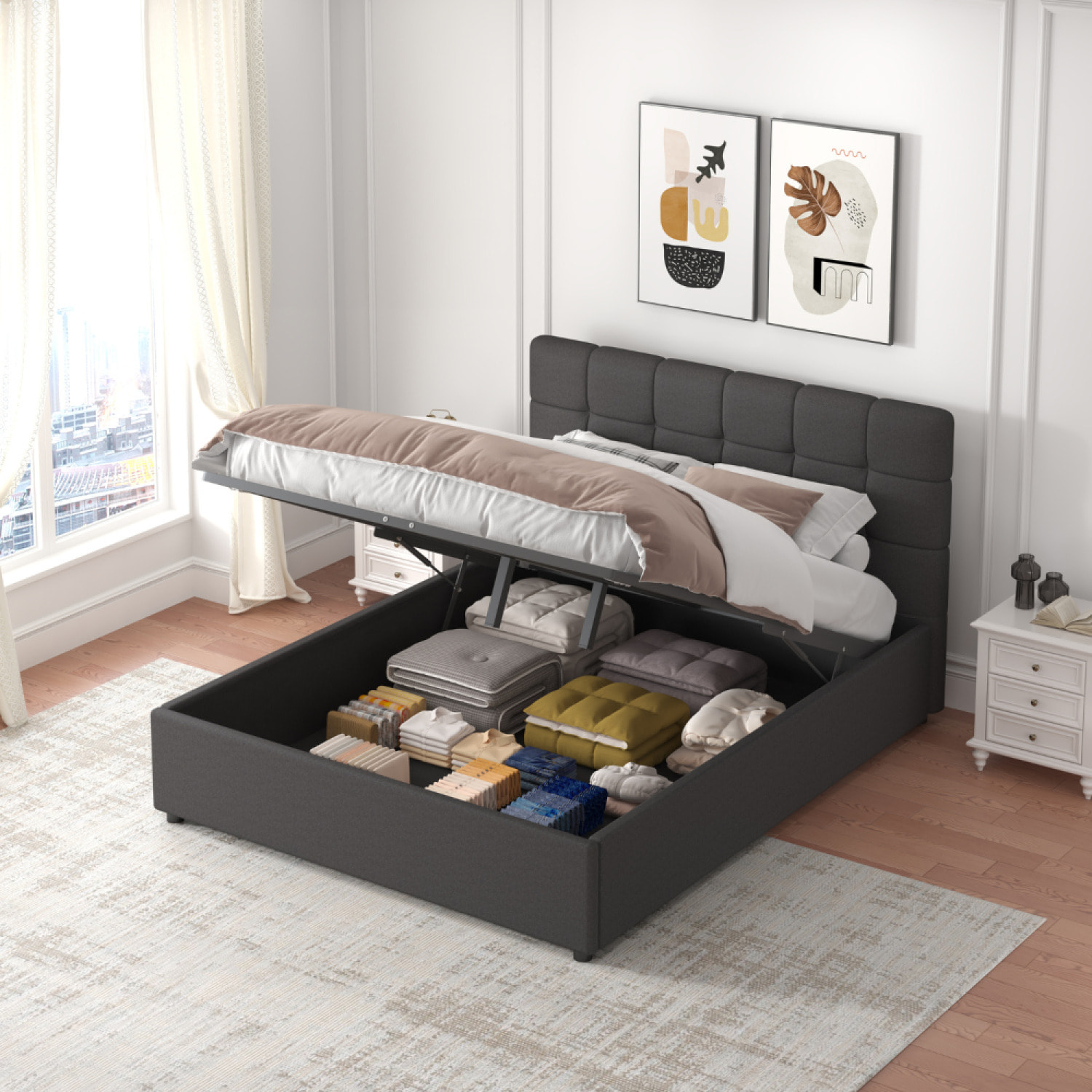 LYANNA Lit avec coffre de rangement 140x190cm velours gris foncé