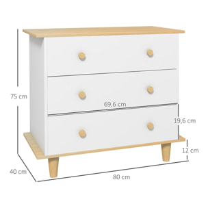 Commode design scandinave 3 tiroirs coulissants piètement effilé bois panneaux blanc aspect bois clair