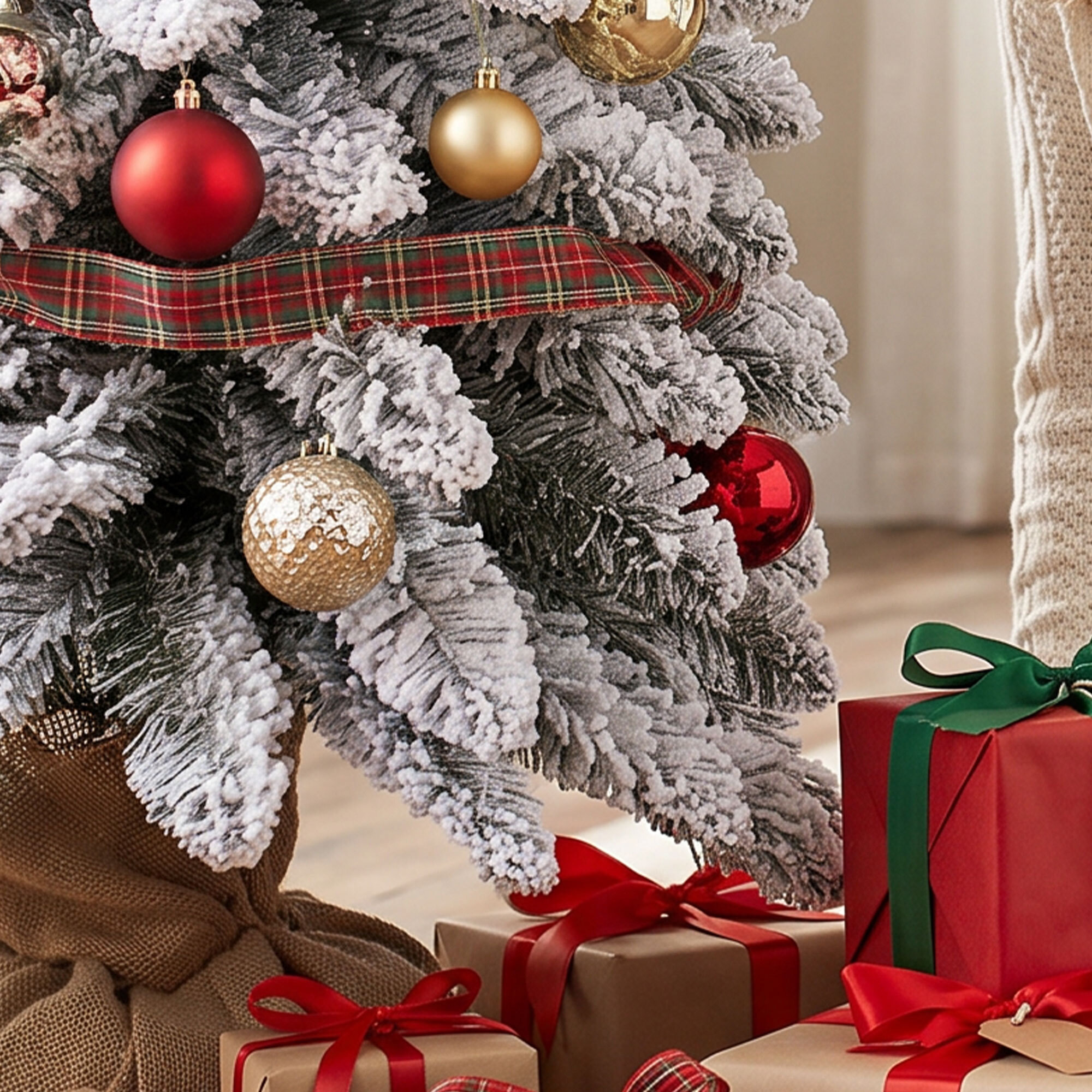 Sapin de Noël artificiel enneigé dia. 46 x 90H cm aspect Nordmann pied toile de jute