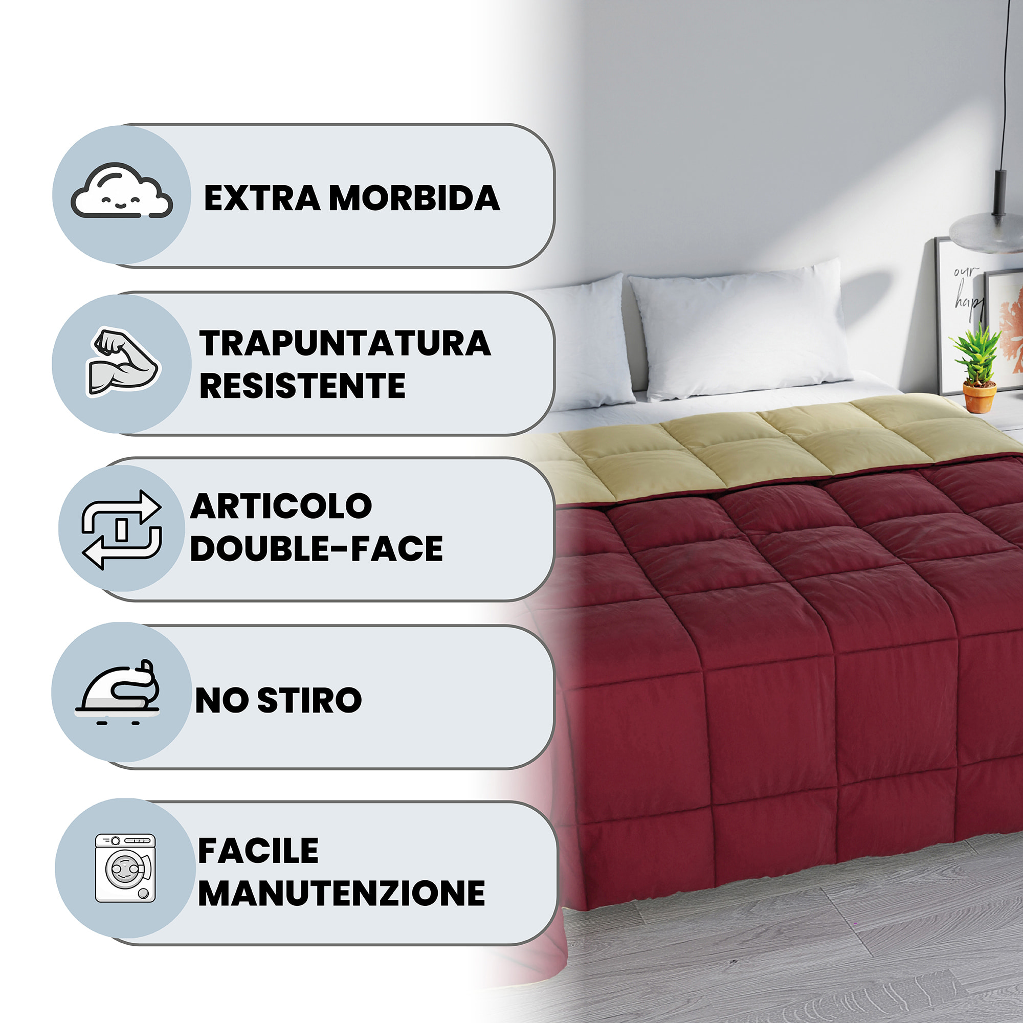 TRAPUNTA INVERNALE ELEGANT, 300gr, Microfibra, Doubleface, Made in Italy - BORDEAUX/PANNA