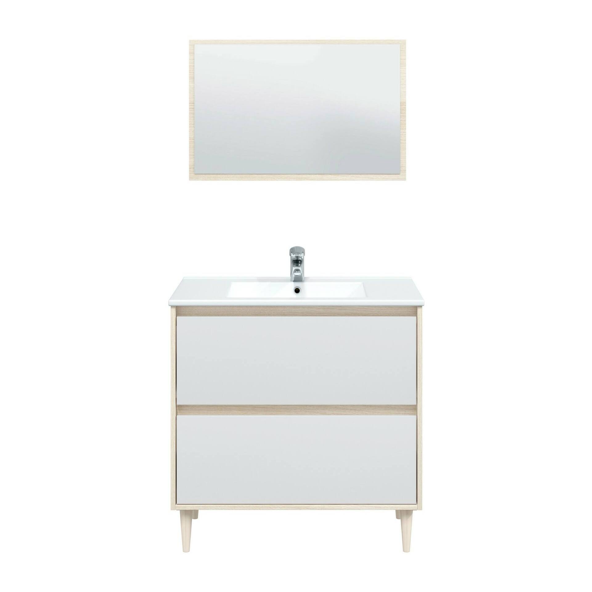 Mobile sottolavabo Yazoo, Sotto lavabo bagno, Mobiletto da bagno con specchio, Lavabo non incluso, 80x45h80 cm, Bianco lucido e Rovere