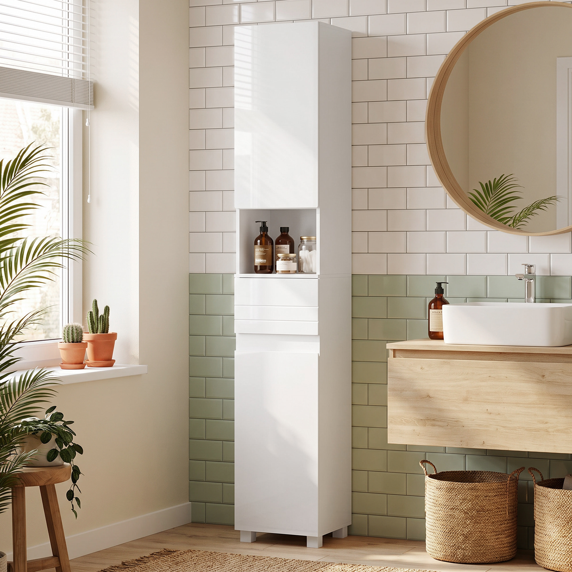 Colonne salle de bain design blanc laqué 2 portes 2 étagères tiroir niche
