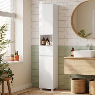 Colonne salle de bain design blanc laqué 2 portes 2 étagères tiroir niche