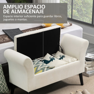 HOMCOM Taburete Pie de Cama Tapizado en Terciopelo Banqueta de Almacenaje Acolchado con Tapa Abatible Reposabrazos y Patas de Madera para Dormitorio Salón 111,5x41x65 cm Blanco Crema