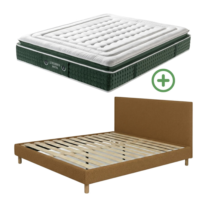 Ensemble matelas Jade & lit fixe Colisée | Mémoire de forme et ressorts ensachés | cadre à lattes | Bouclette | Sable