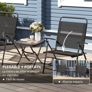 Conjunto de Mesa y Sillas de Terraza Exterior de 3 Piezas Muebles de Jardín Exterior Plegables con Respaldo Regulable Tablero de Vidrio y Estructura de Acero