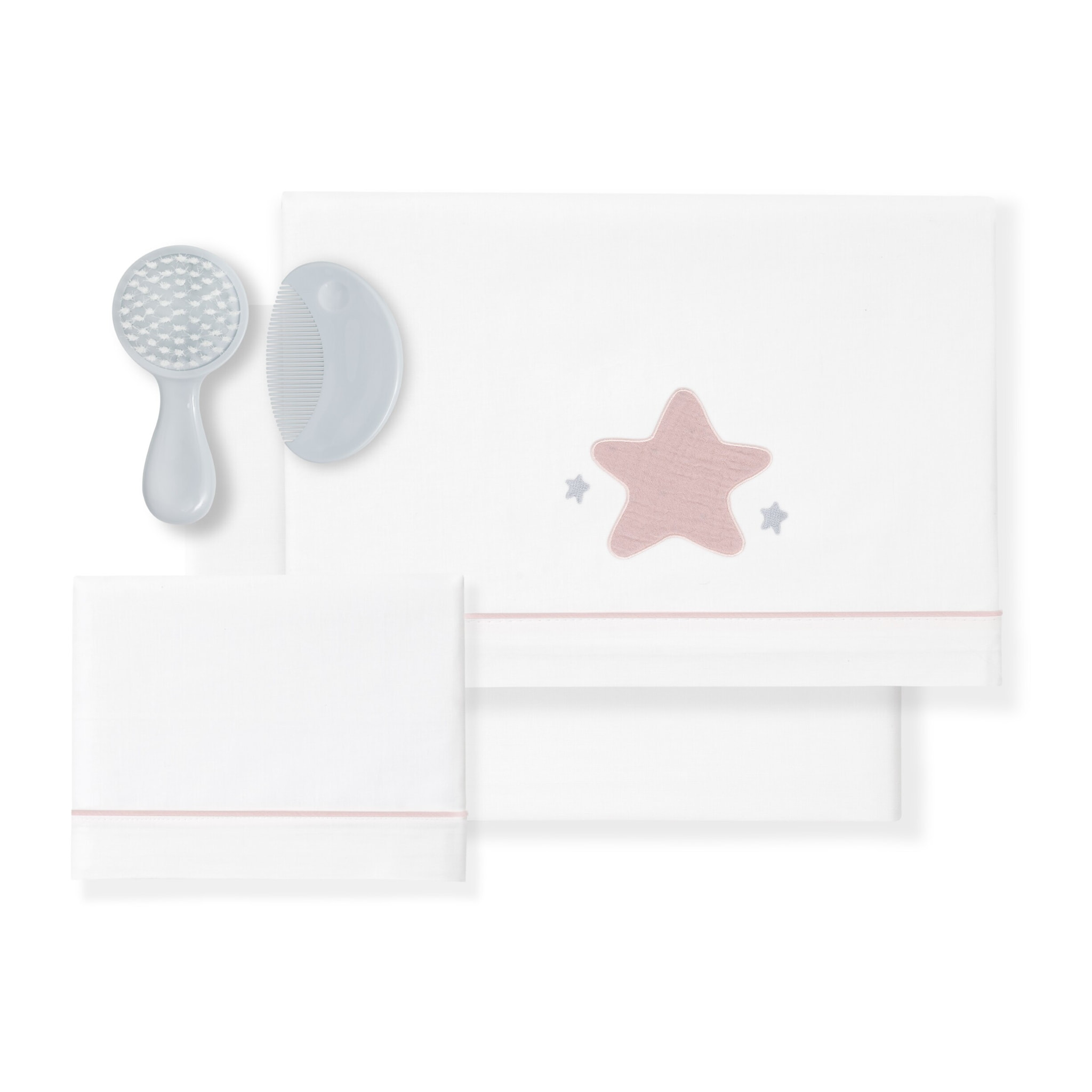 Sábanas Cuna y Kit  Peine con Cepillo de Don Algodón Muselina Estrellas