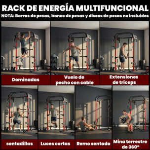 SPORTNOW Jaula de Potencia Musculación con Sistema de Poleas Ajustable, Rack para Sentadillas con Barra de Dominadas, Estación de Fondos, Soporte Barra, para Casa en Gimnasio, Carga 900 kg