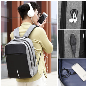 DAM Mochila multi compartimento, porta Laptop 13,3''. Capa impermeable. Bloqueo de cremalleras. Toma USB externa. 29x16x43 Cm. Color: Gris