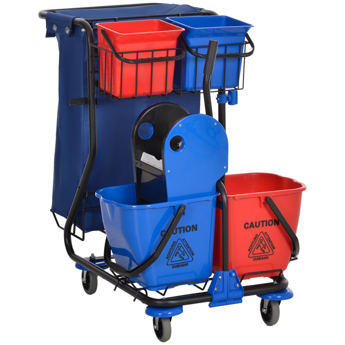 Carro de Limpieza con Bolsa de Basura Carro de Servicio con Doble Cubo de 18 Litros Escurridor de Prensa 2 Cubetas Auxiliares 93x80x97 cm Rojo y Azul