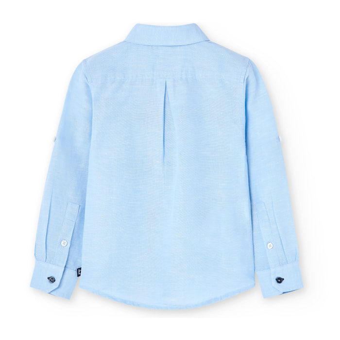 Camisa de lino niÃ±o, cuello camisero, manga larga, azul