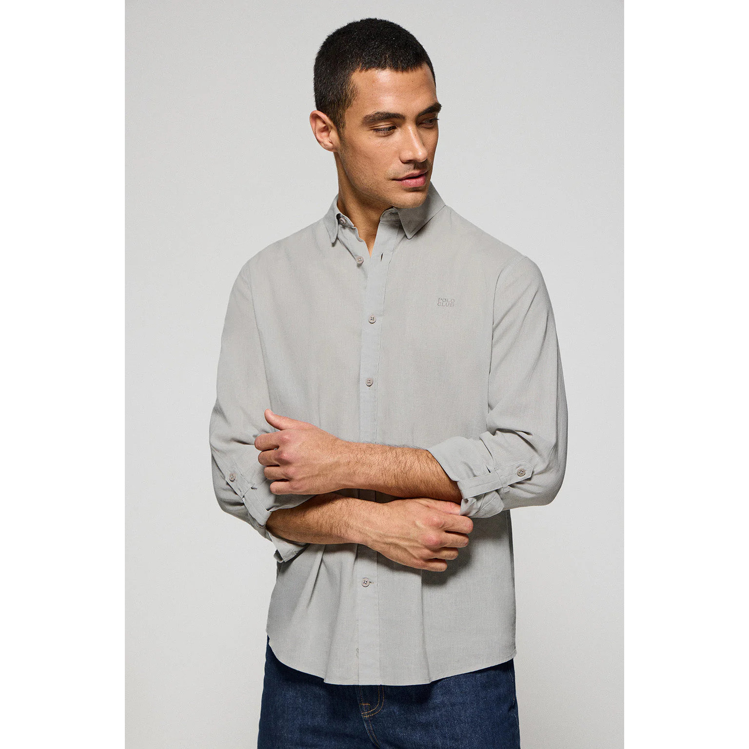 Camicia grigia in lino-cotone regular fit con logo ricamato