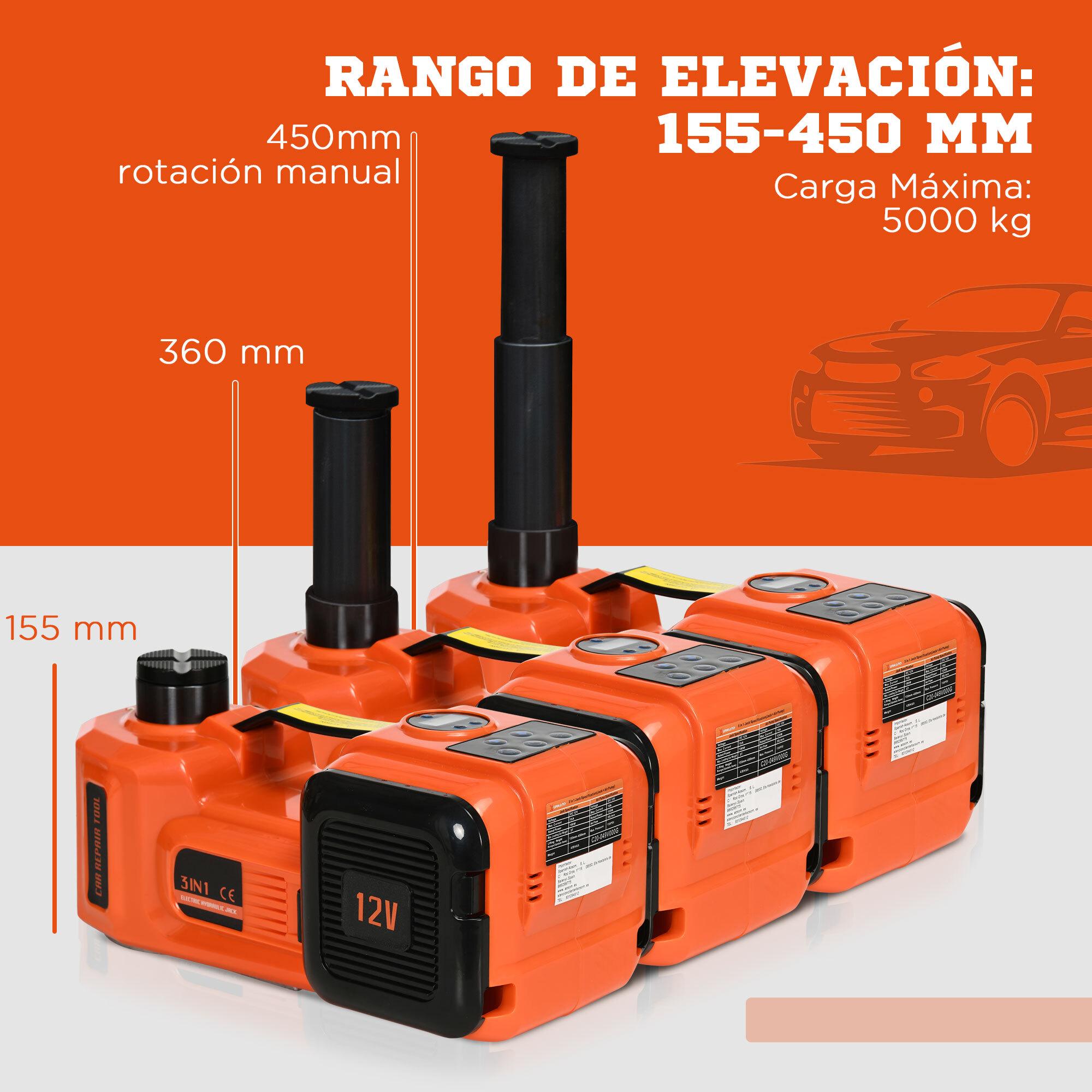 Kit de Gato Eléctrico para Coche 12V Kit de Gato de Piso 5 Toneladas de 15,5-45 cm con Reparación de Neumáticos Luz LED e Inflador para Automóvil SUV Sedán 36x33x16 cm Naranja