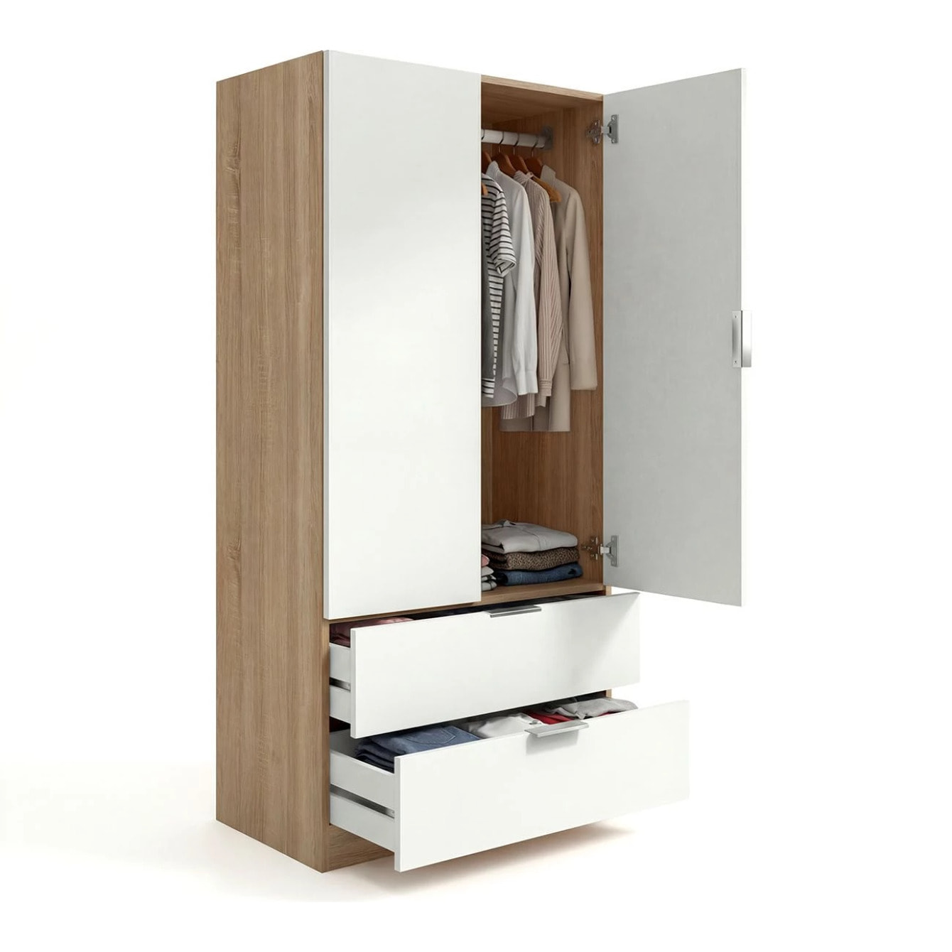 Armario de 2 puertas y 2 cajones en blanco artik y roble canadian 81,5x180 cm Lark Blanco Artik (Blanco Mate) - Roble Canadian