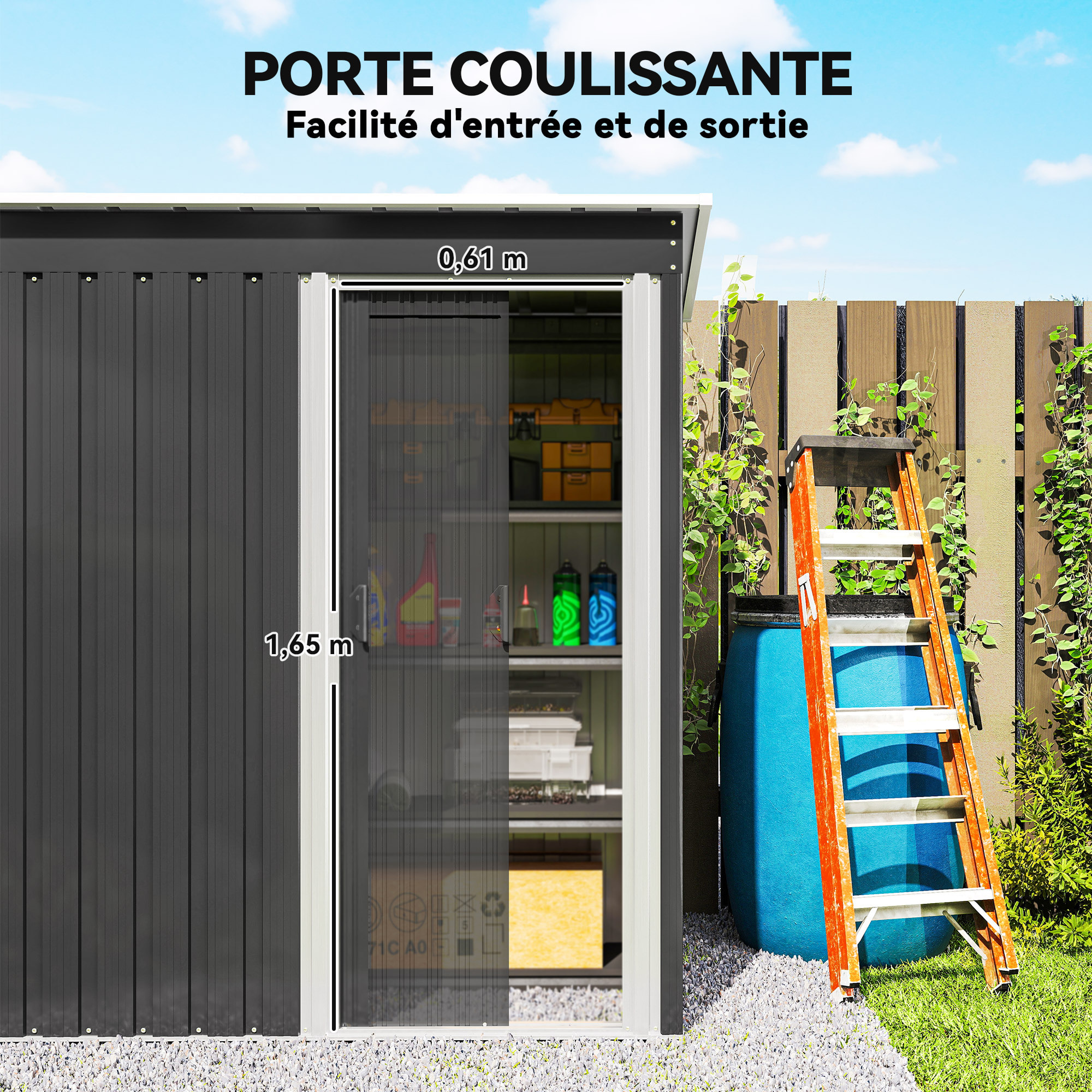 Abri de jardin - remise pour outils - cabanon porte coulissante - dim. 163L x 89l x 182H cm - tôle d'acier noir blanc