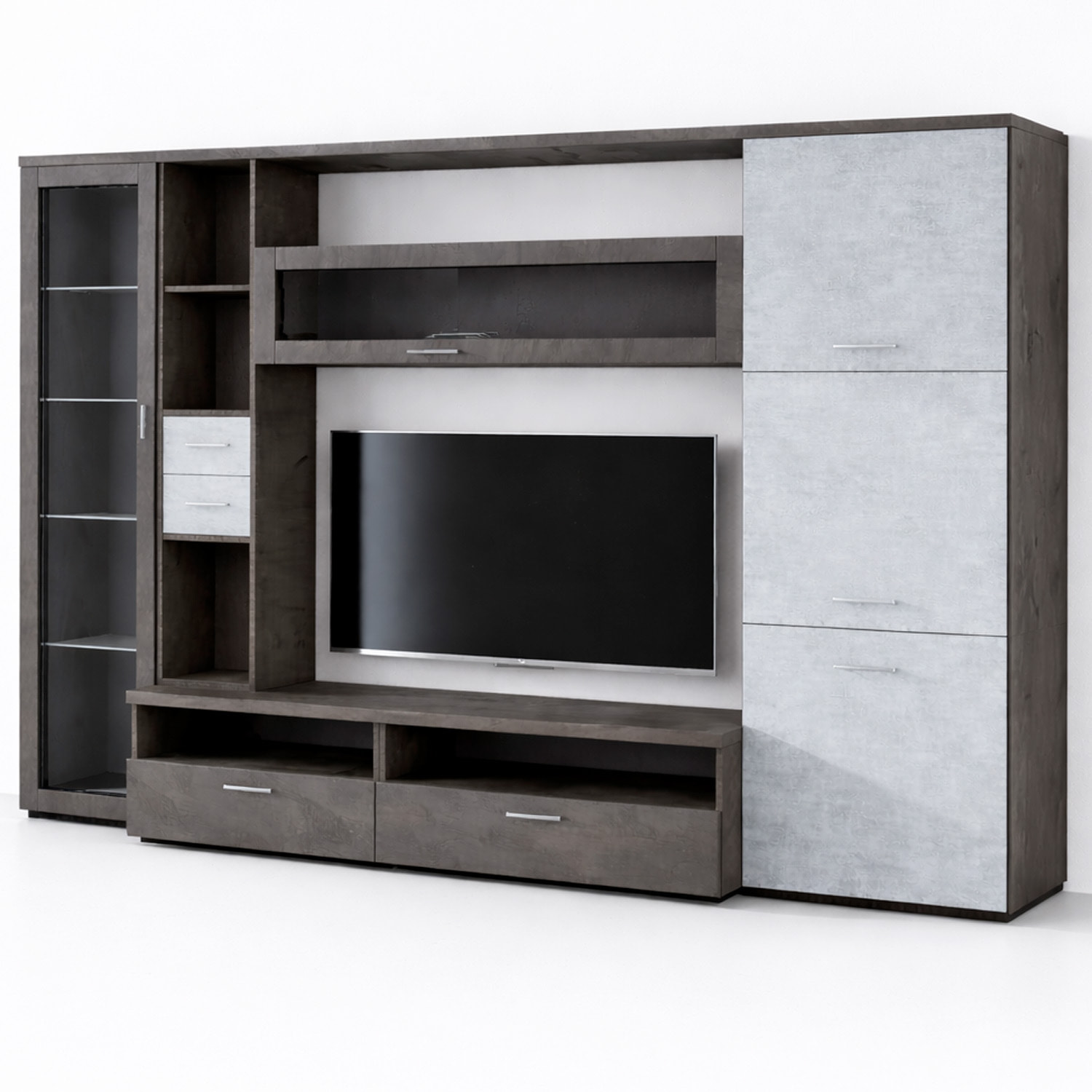 Parete Attrezzata Soggiorno Mobile Porta TV Con Vetrina E Cassetti Design Moderno Industrial Chic Con Ampio Vano TV 270 x 213 x 50 Cm Ossido E Grigio Cemento