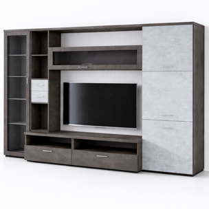 Parete Attrezzata Soggiorno Mobile Porta TV Con Vetrina E Cassetti Design Moderno Industrial Chic Con Ampio Vano TV 270 x 213 x 50 Cm Ossido E Grigio Cemento