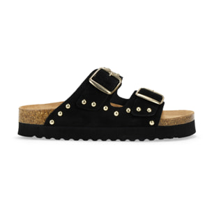 Sandalias de plataforma negras en piel con hebillas y tachas metálicas