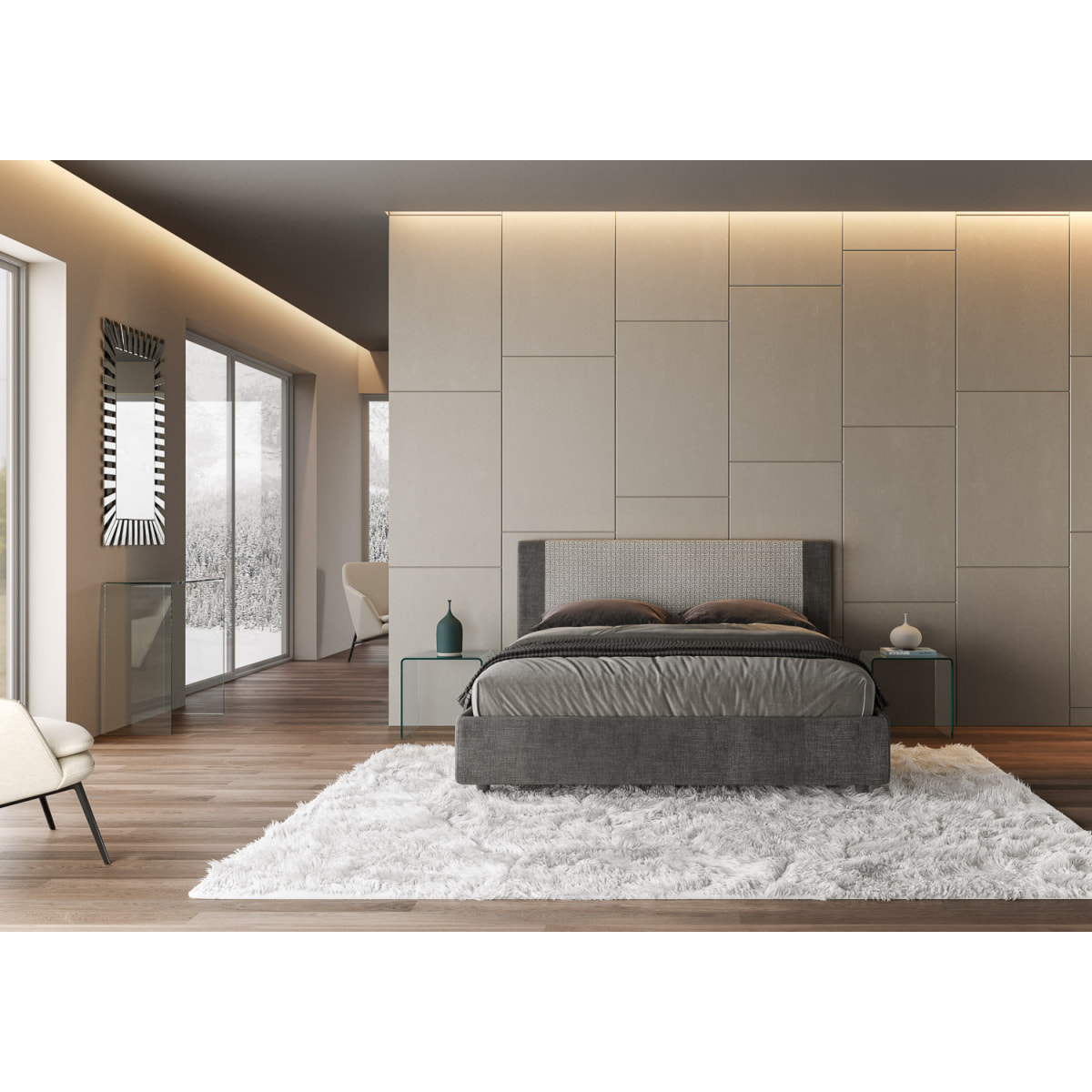 Letto matrimoniale con rete imbottito 160x210 tessuto Labirinto 02 grigio Rosal