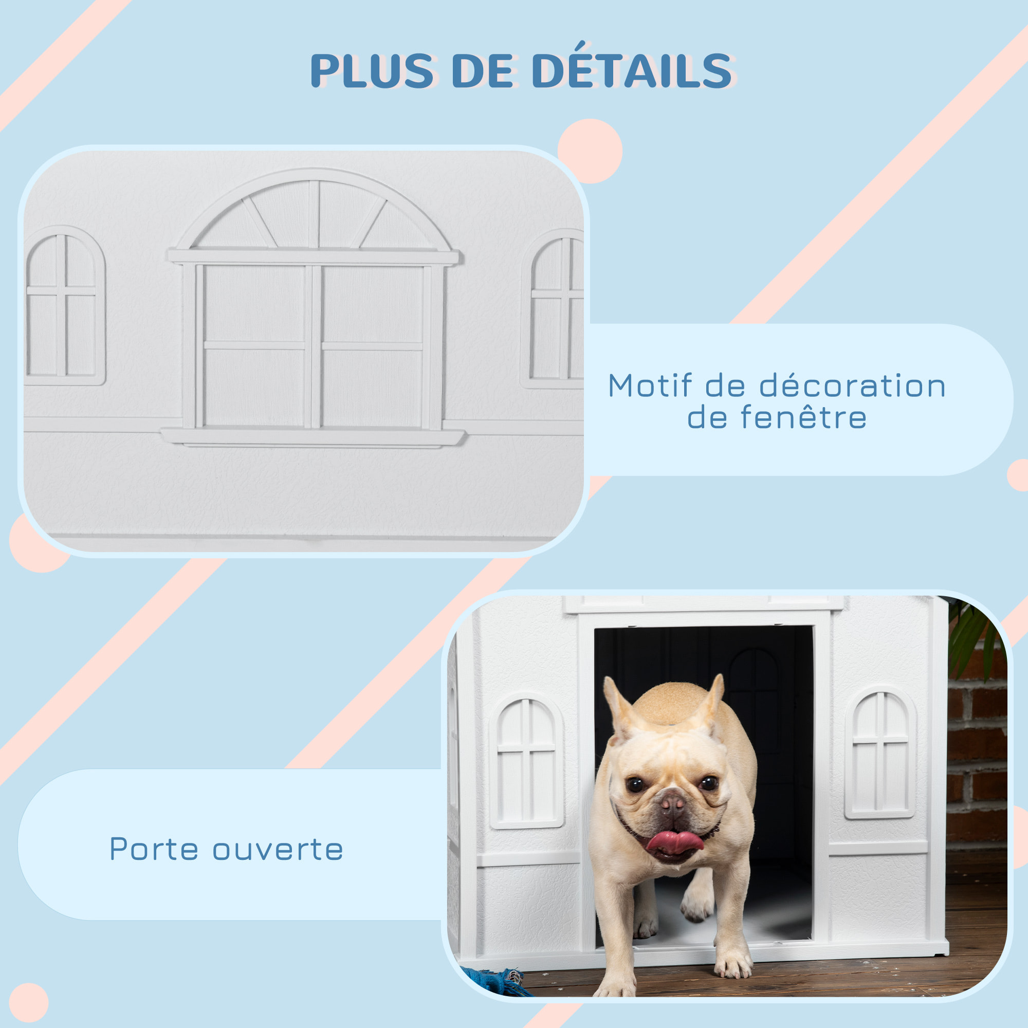 Niche chien style cottage dim. 65L x 75l x 63H cm - motifs fenêtres, porte, aération - PP blanc gris