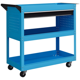 Carro de Taller, Carro de Herramientas con 3 Bandejas, Cajón, Panel Lateral Perforado, Asa Lateral, Ruedas con Frenos, para Garaje Mecánico, Hogar, Azul