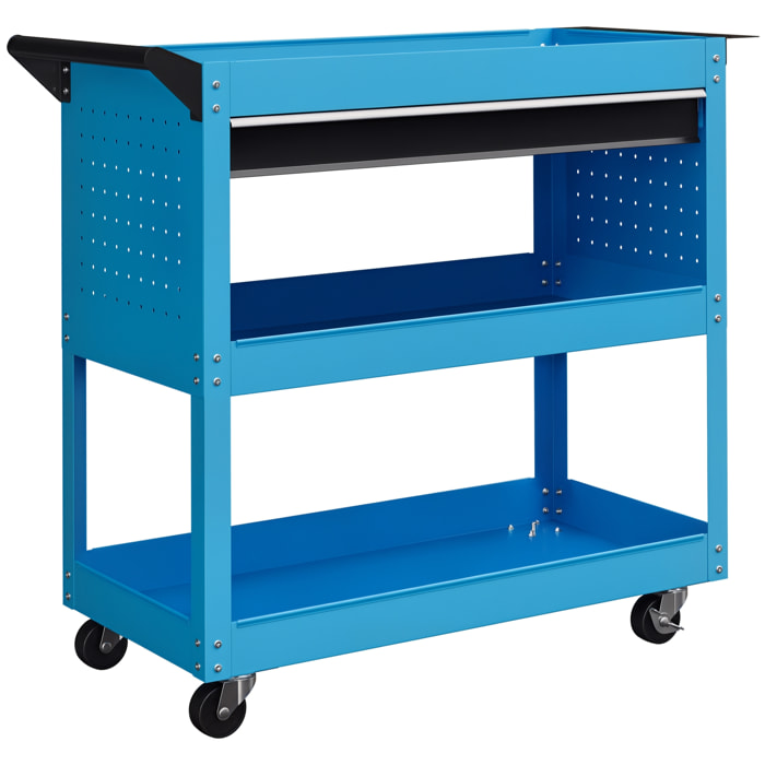 Carro de Taller, Carro de Herramientas con 3 Bandejas, Cajón, Panel Lateral Perforado, Asa Lateral, Ruedas con Frenos, para Garaje Mecánico, Hogar, Azul
