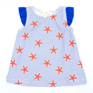 VESTIDO LYCRA RAYAS AZULES Y ESTRELLAS ROJAS