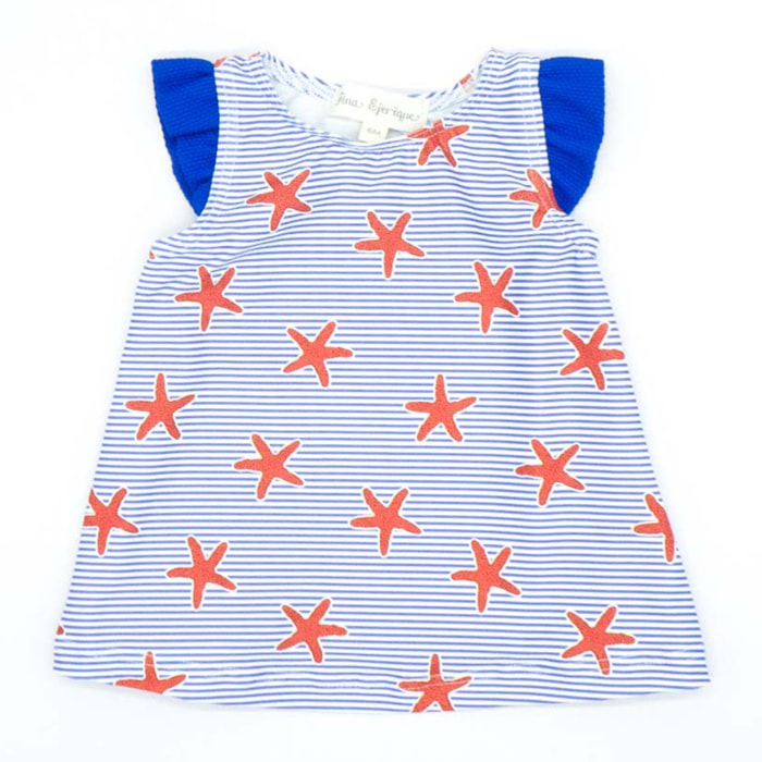 VESTIDO LYCRA RAYAS AZULES Y ESTRELLAS ROJAS