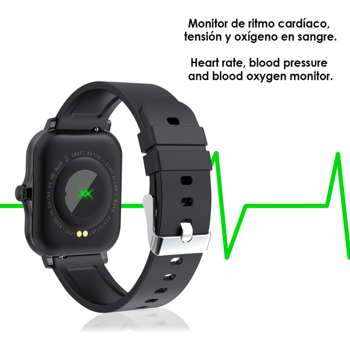 Smartwatch H30 con monitor de tensión y O2 en sangre, corona lateral funcional, notificaciones de aplicaciones.