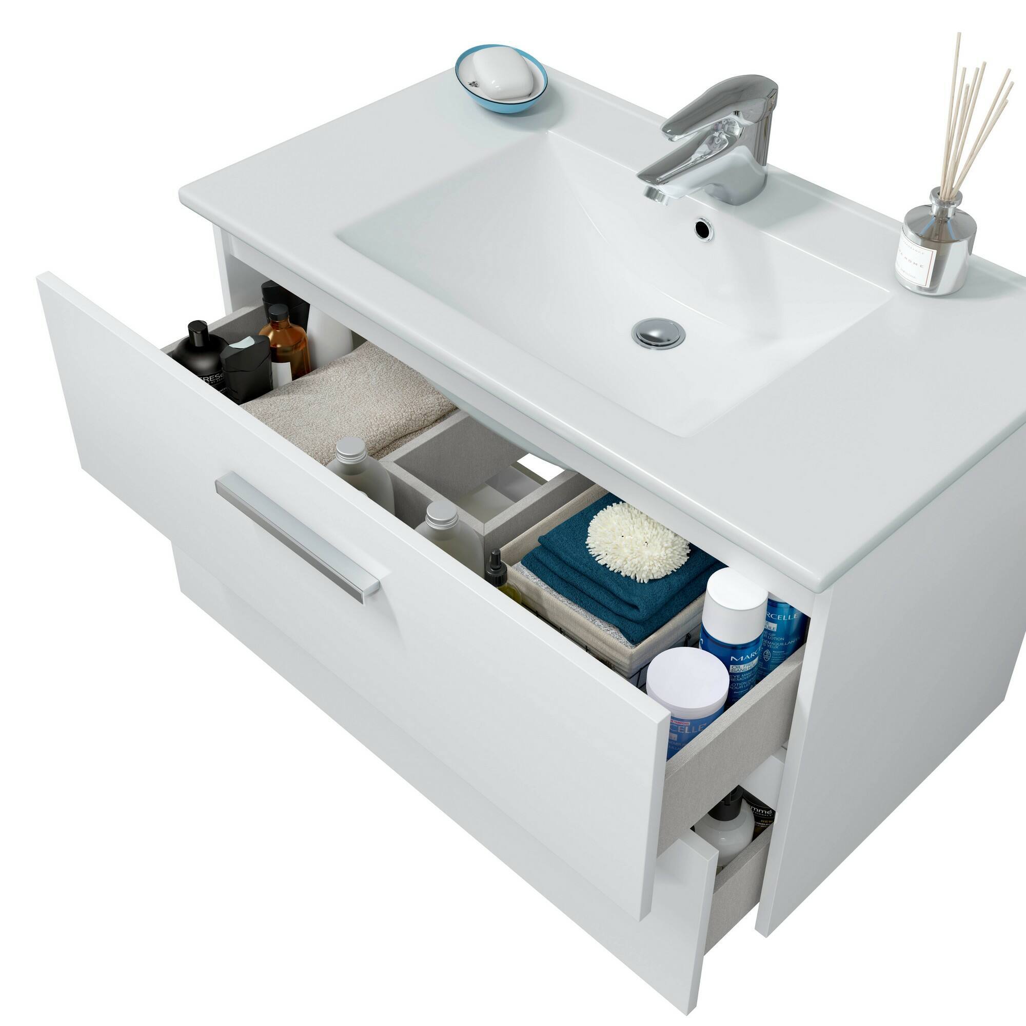 Mobile sottolavabo Felix, Mobiletto da bagno, Contenitore porta lavabo, Armadio per lavandino, 80x45 h50 cm, Bianco lucido