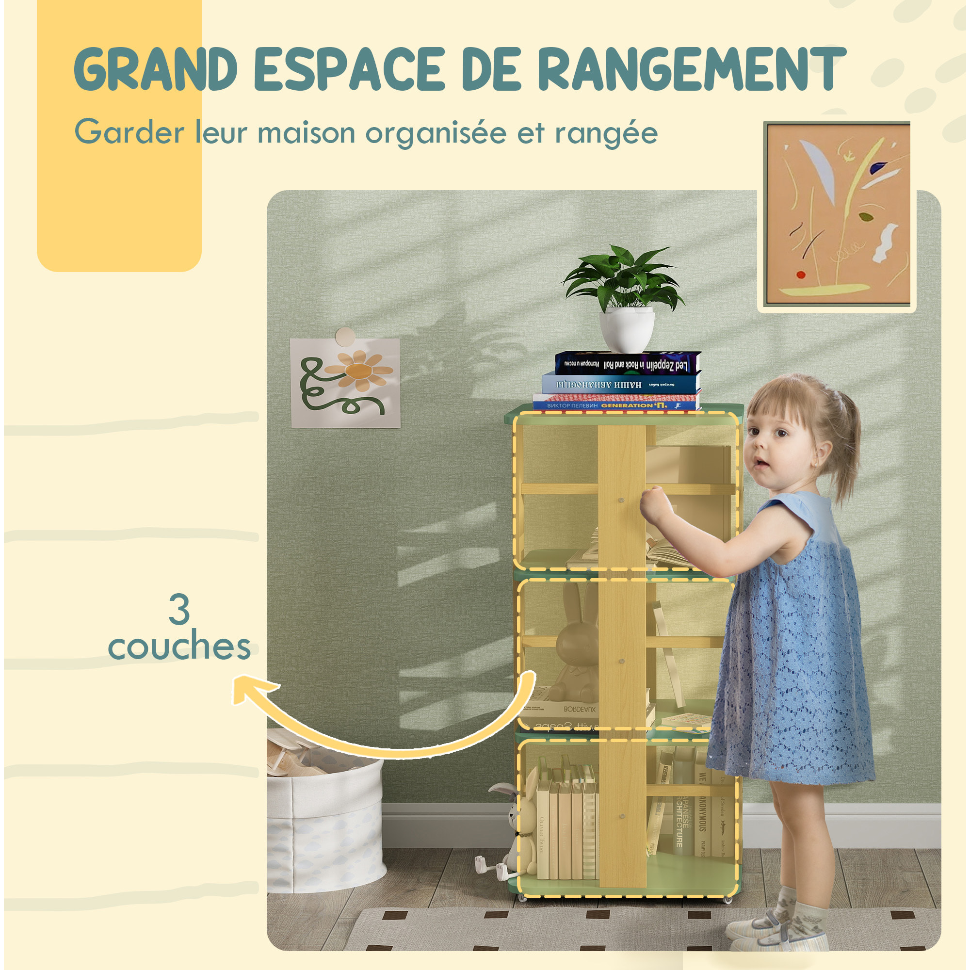 Bibliothèque enfant mobile sur roulettes - 4 niveaux rangement - bois de pin MDF vert