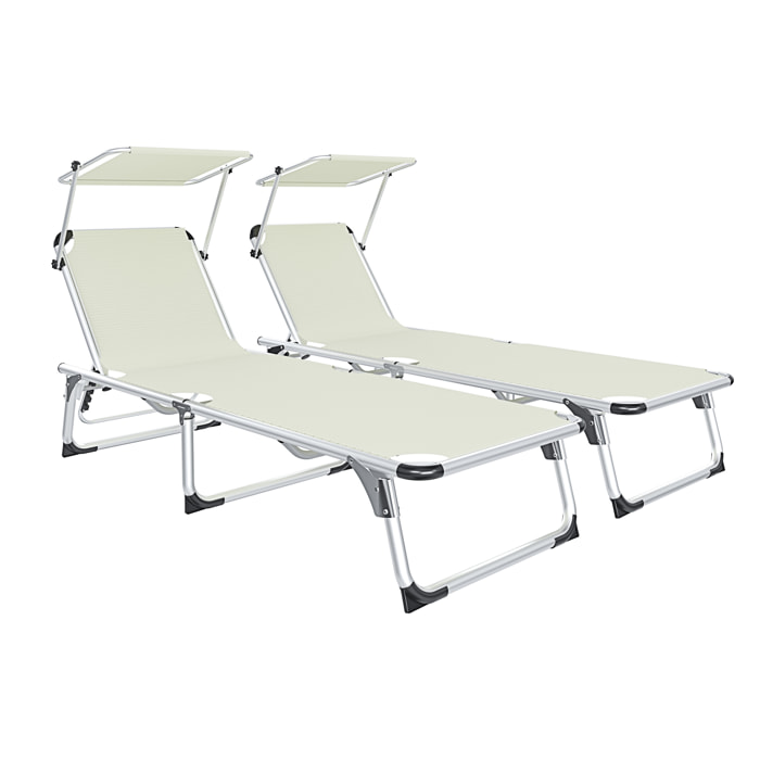 Coppia Di Lettini Pieghevoli Prendisole Tettuccio Parasole Schienale Regolabile In Alluminio Sdraio Spiaggia Mare Giardino Piscina 187x59x29 Cm Beige