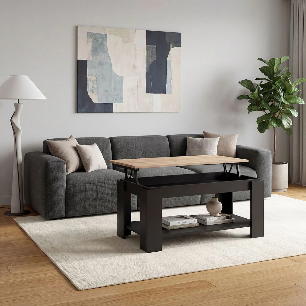 Mesa de centro elevable con almacenaje en negro mate y roble canadian 102x43-54 cm Lya Negro Mate - Roble Canadian