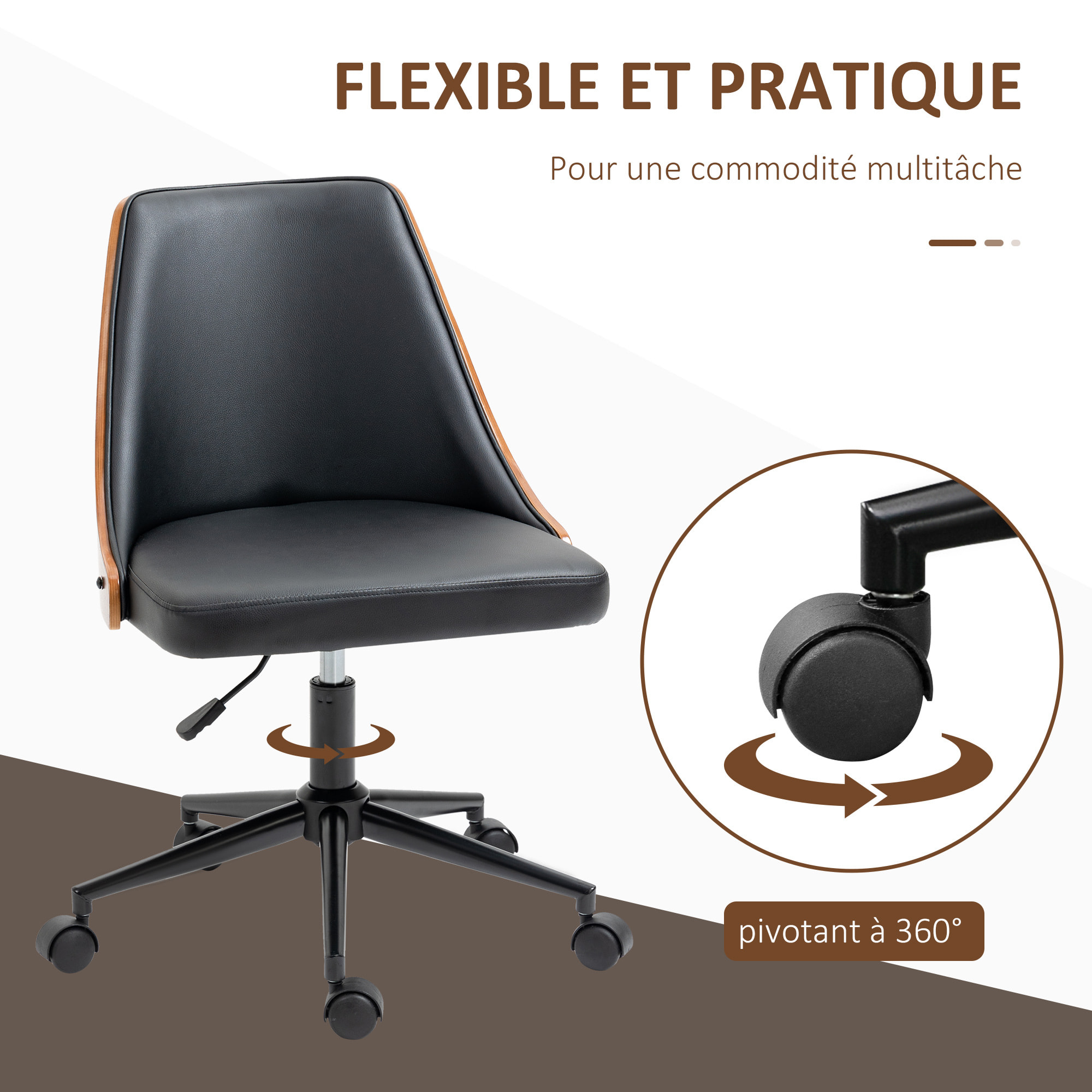 Chaise de bureau manager design vintage pivotante hauteur réglable bois peuplier acier revêtement synthétique noir