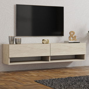 NORFOLK Meuble TV suspendu avec placards et étagères aspect travertin 140cm
