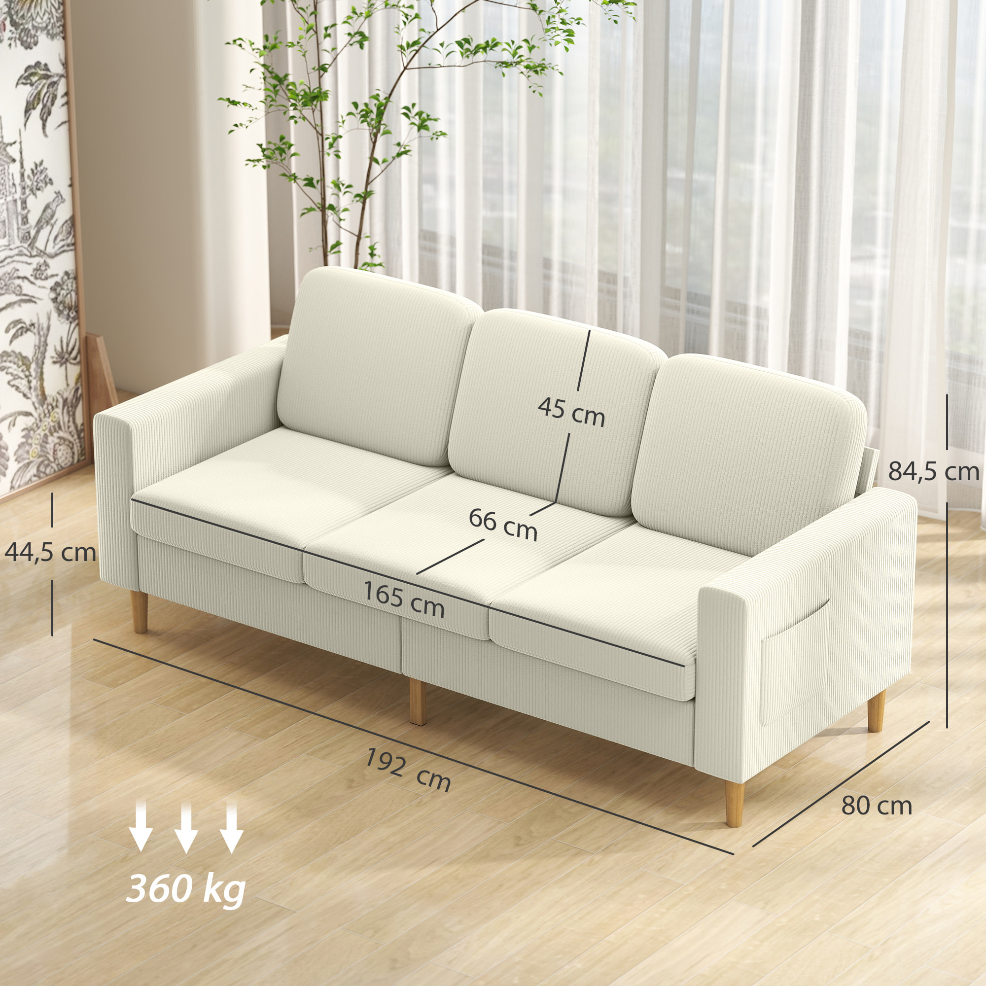 Canapé 3 places velours côtelé style nordique coussins déhoussables beige clair