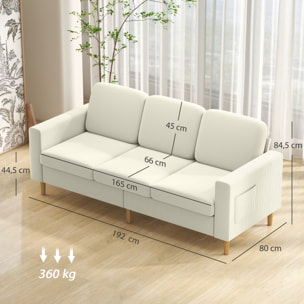 Canapé 3 places velours côtelé style nordique coussins déhoussables beige clair
