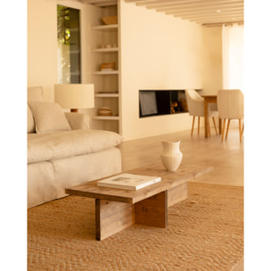Mesa de centro de madera maciza en tono roble oscuro de 124x27cm Alto: 27 Largo: 123.5 Ancho: 46.6