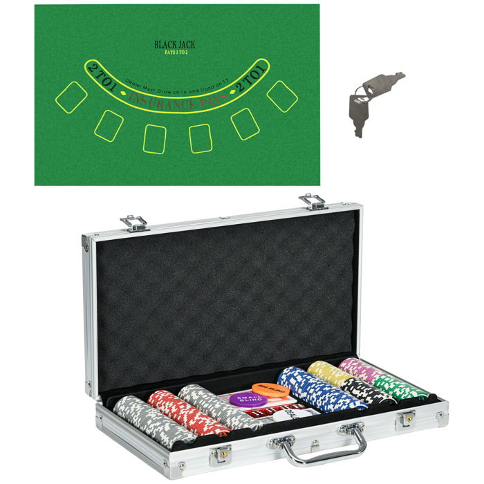 Mallette pro de poker verrouillable coffret pro poker 300 jetons 2 jeux cartes 5 dés 3 boutons 2 clés tapis alu