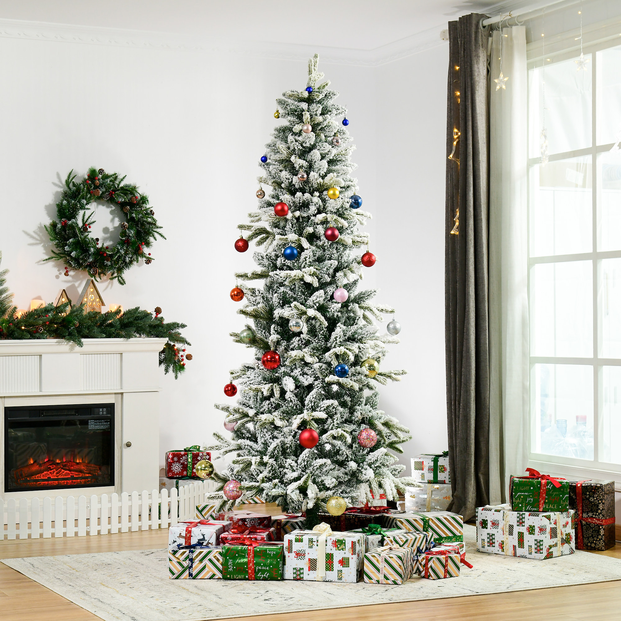 árbol de Navidad 210 cm Nevado Artificial con 784 Puntas de Rama Ignífugas y Soporte de Acero Decoración Navideña para Interiores Ø95x210 cm Verde y Blanco
