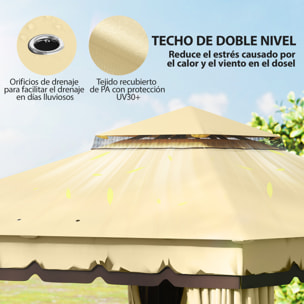 de Jardín 3,7x3 m, Pabellón de Jardín Gazebo con Doble Techo, 4 Cortinas y Mosquitera, Marco de Acero, Orificios de Drenaje, UV30+, para Exterior, Terraza, Patio, Beige
