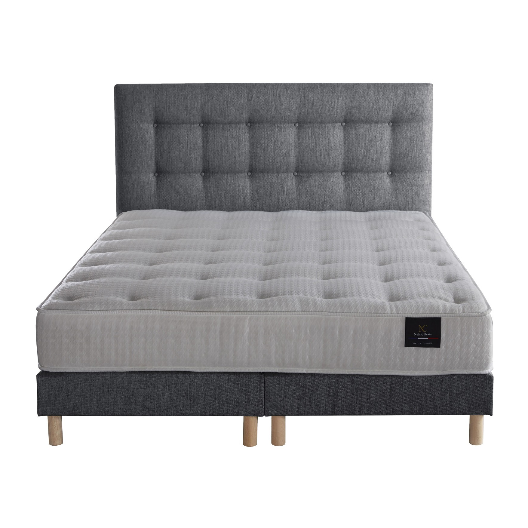 Ensemble Pulsar + tête de lit capitonnée - Matelas ressorts ensachés Mémoire de forme - Sommier Gris Souris