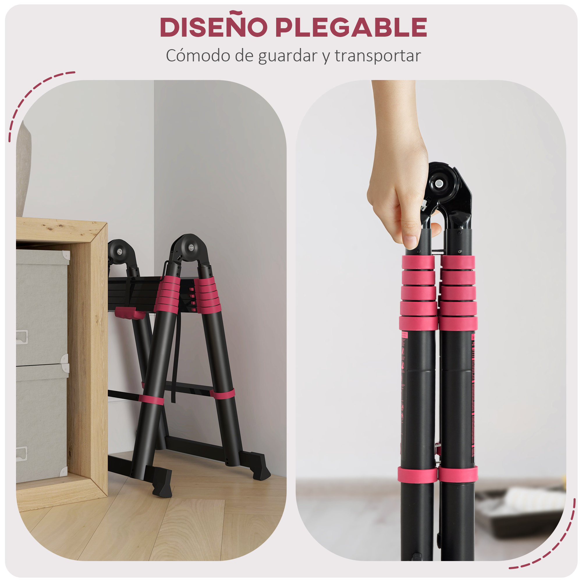 Escalera de Aluminio Plegable 2 Formas de Uso Retráctil Portátil Escalera Telescópica 12 Escalones Antideslizantes Carga 150 kg 379x67,5x11 cm Negro y Rojo