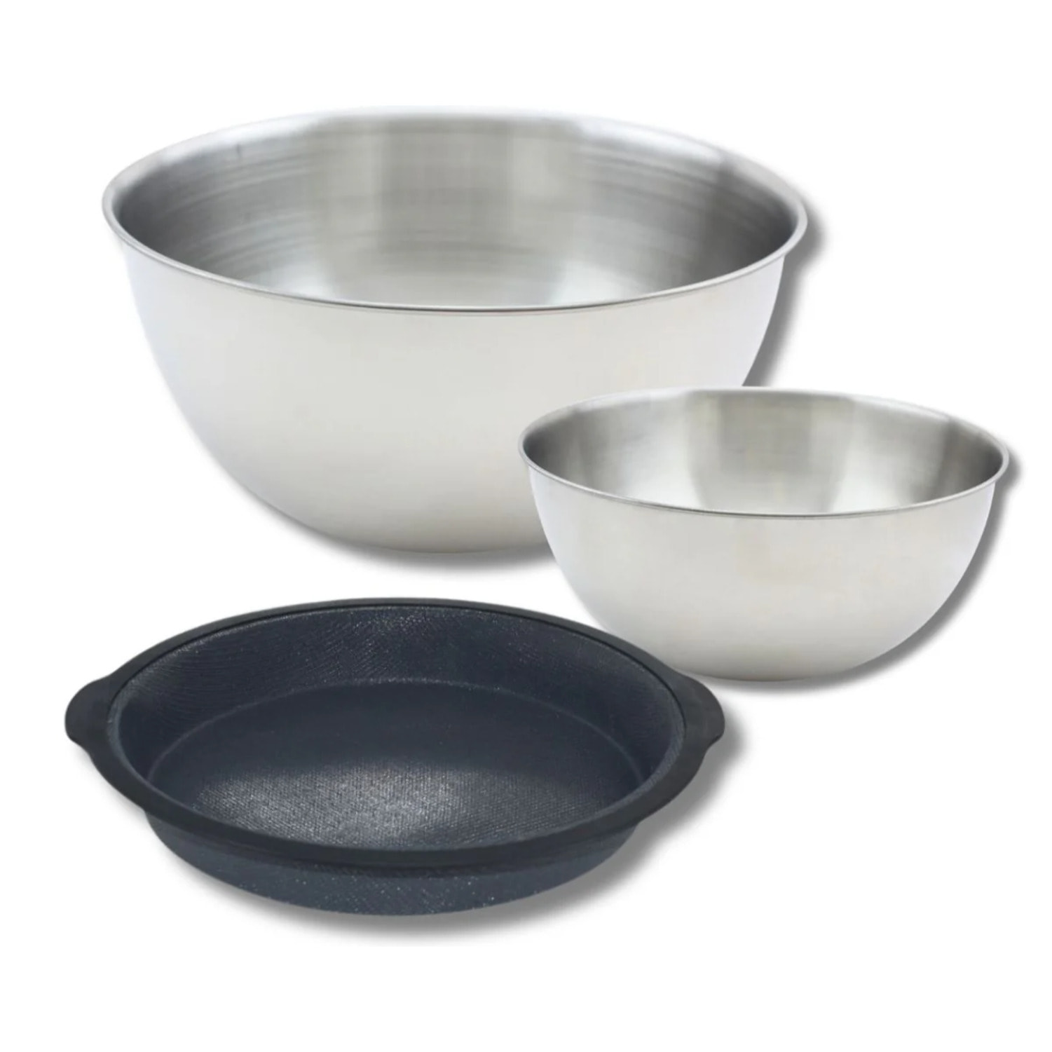 Set de pâtisserie avec 1 Moule à manqué en silicone fibre de verre, 1 spatule Zenker et 2 bols à mixer en inox Fackelmann