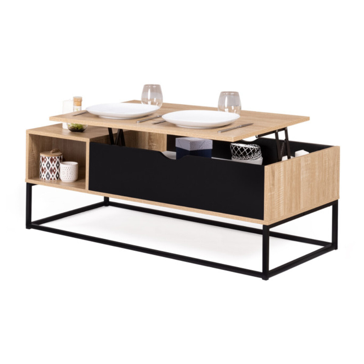 Table basse Memphis relevable bois et noir