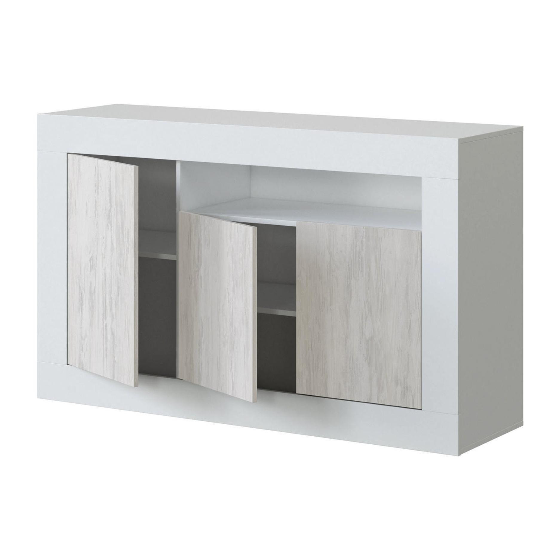 Credenza Thornton, Madia moderna a 3 ante, Buffet da soggiorno con scomparti, Madia da salotto, Mobile Porta TV, cm 144x42h87, Bianco