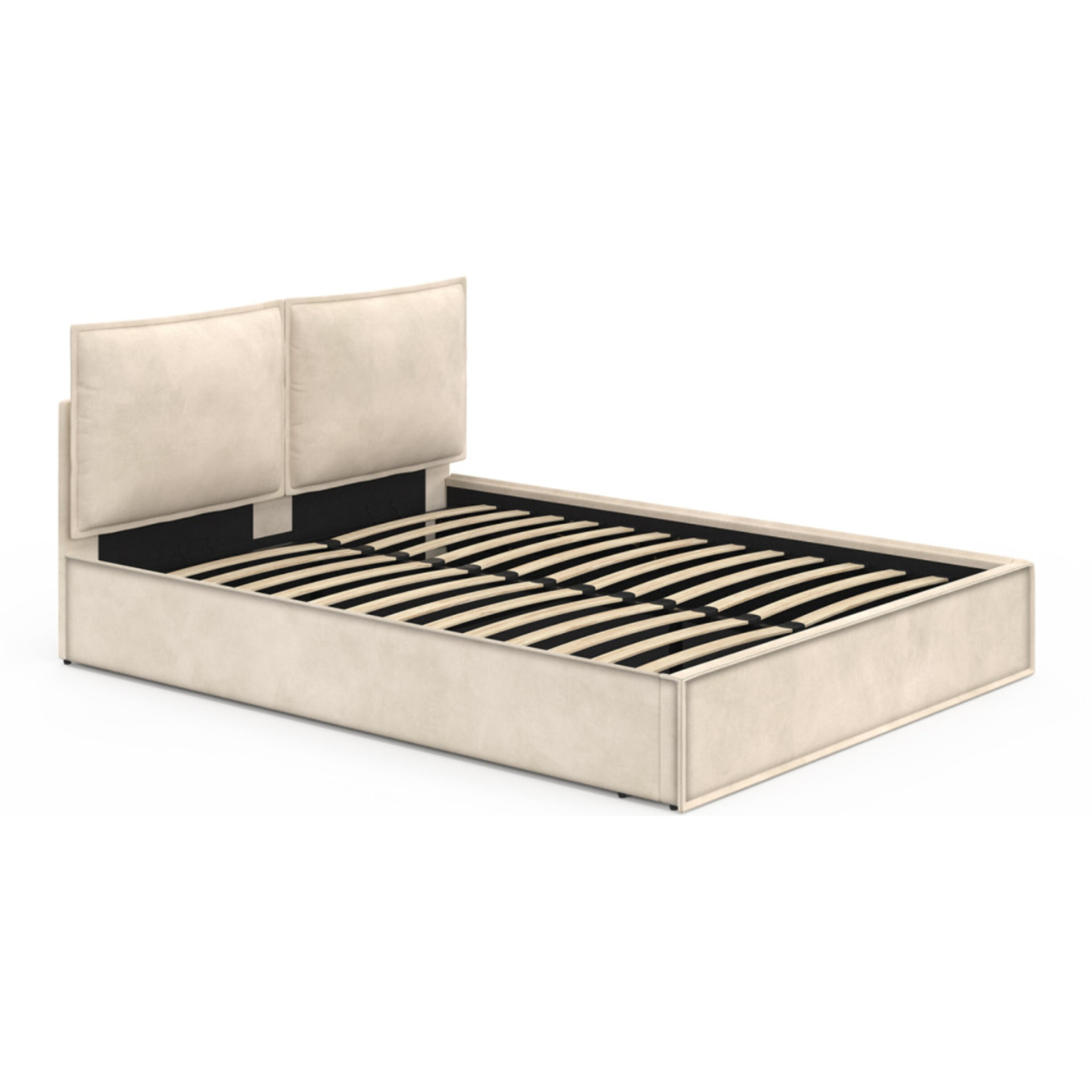 Lit coffre Lilou en velours beige avec sommier et tête de lit effet oreiller 160x200cm