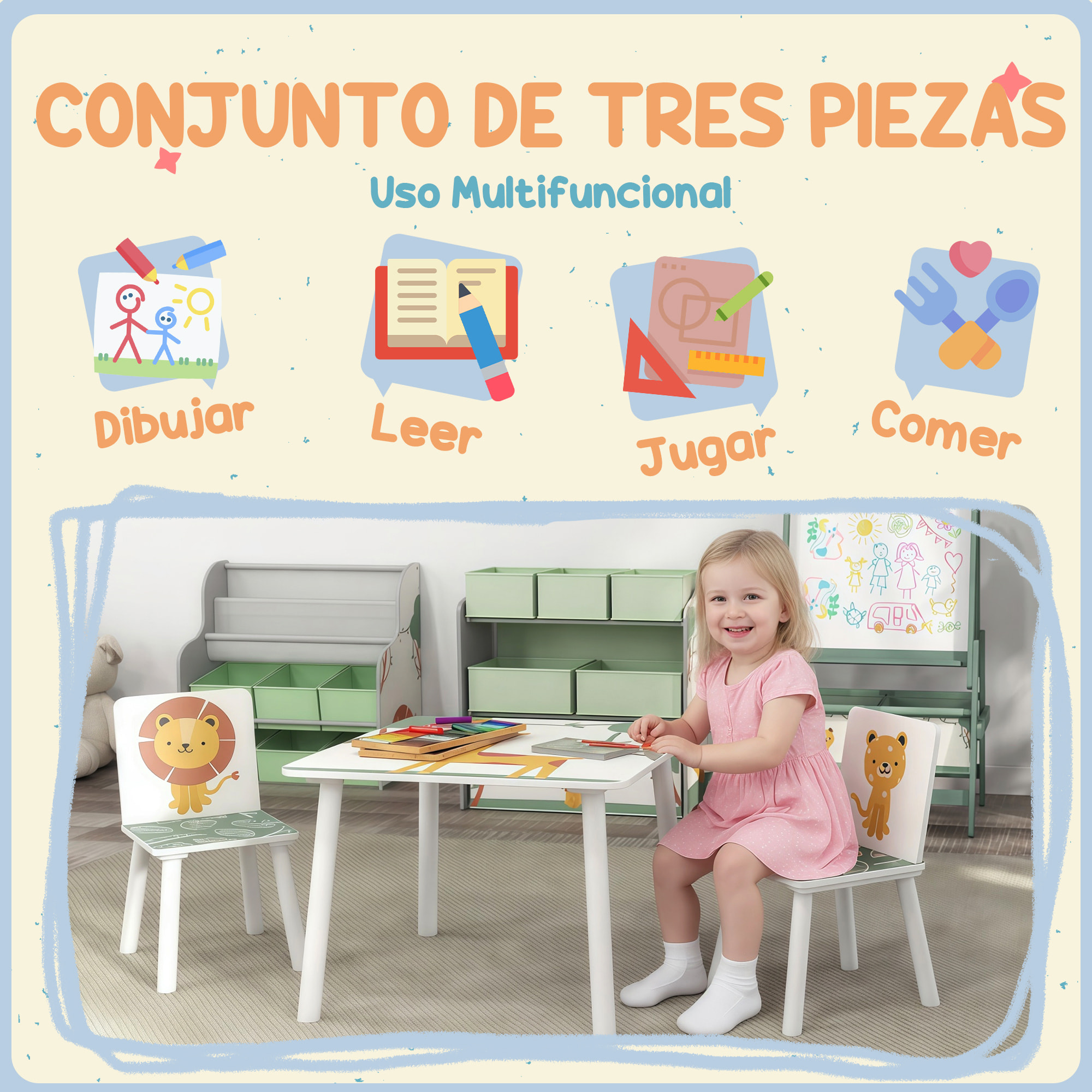Mesa y Sillas Infantiles de 3 Piezas, Mesa Infantil con 2 Sillas de Madera de Pino, Juego de Muebles con Dibujos de Leones para niños de +3 Años, para Dormitorio, Sala de Juegos, Verde