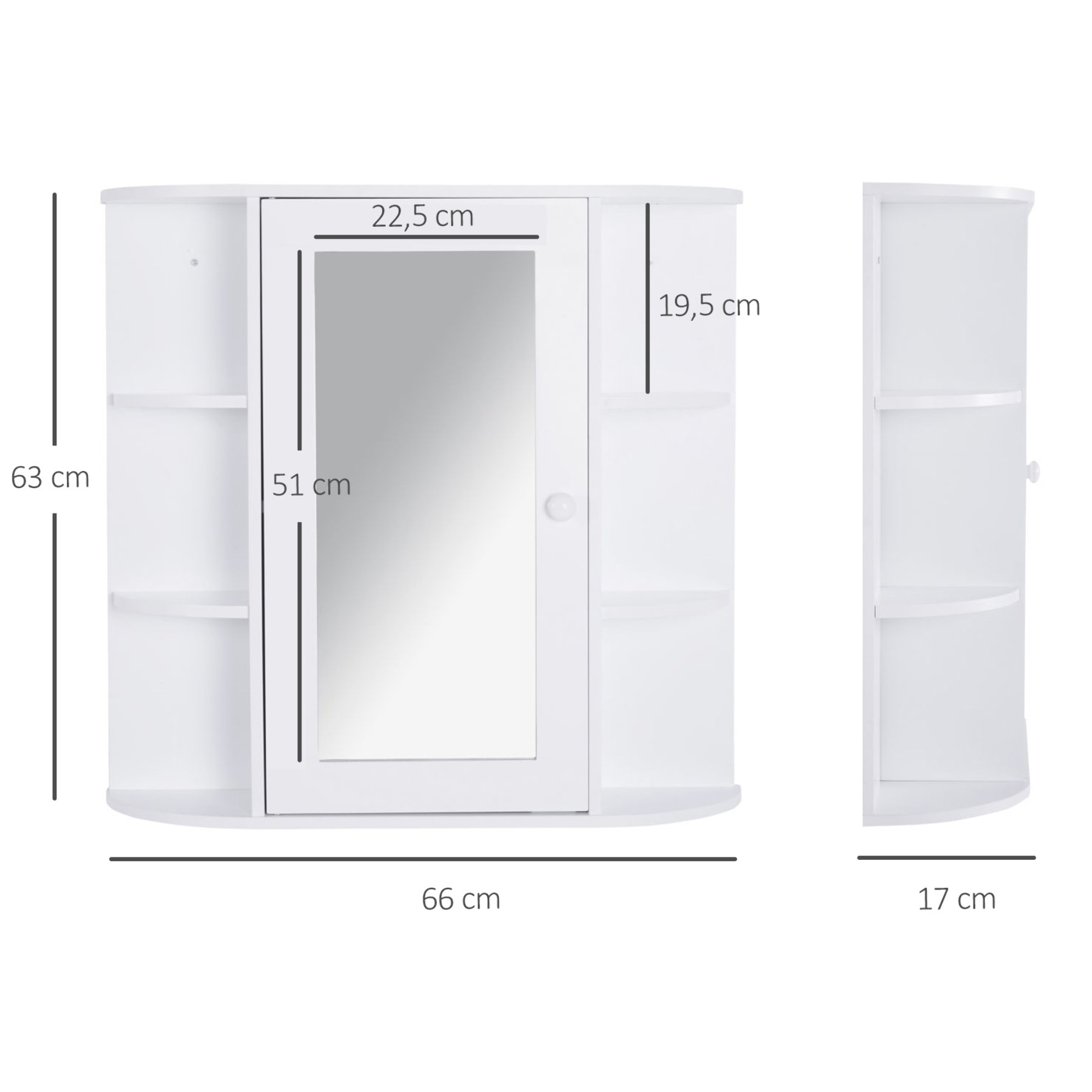 HOMCOM Armario de Baño con Espejo Mueble Colgante de Aseo con 1 Puerta 2 Estantes Interiores y 6 Estantes Laterales para Salón Cocina Dormitorio 66x17x63 cm Blanco