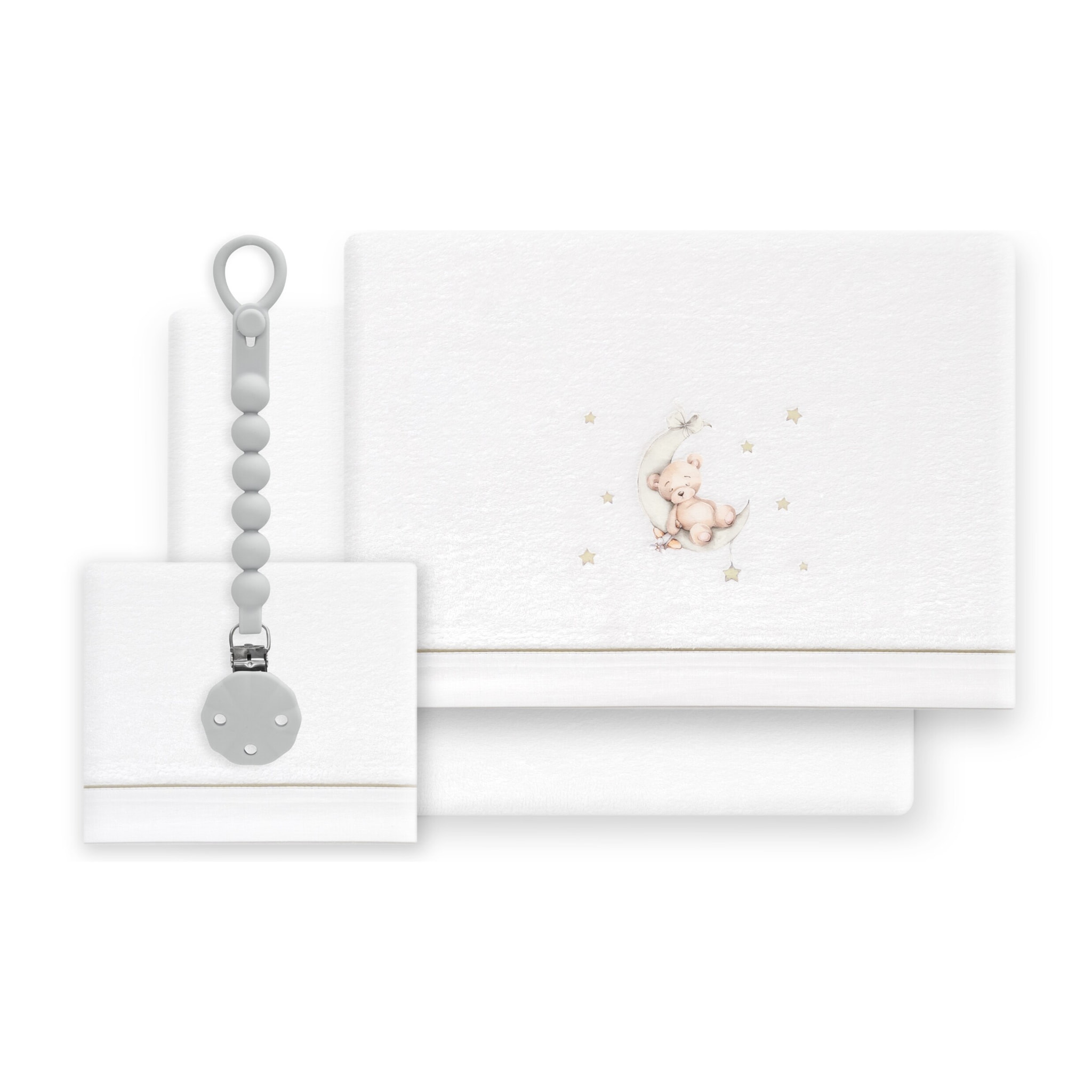 Triptico Cuna Coralina Estampado Oso Luna Estrellas + Broche Bco/Verde